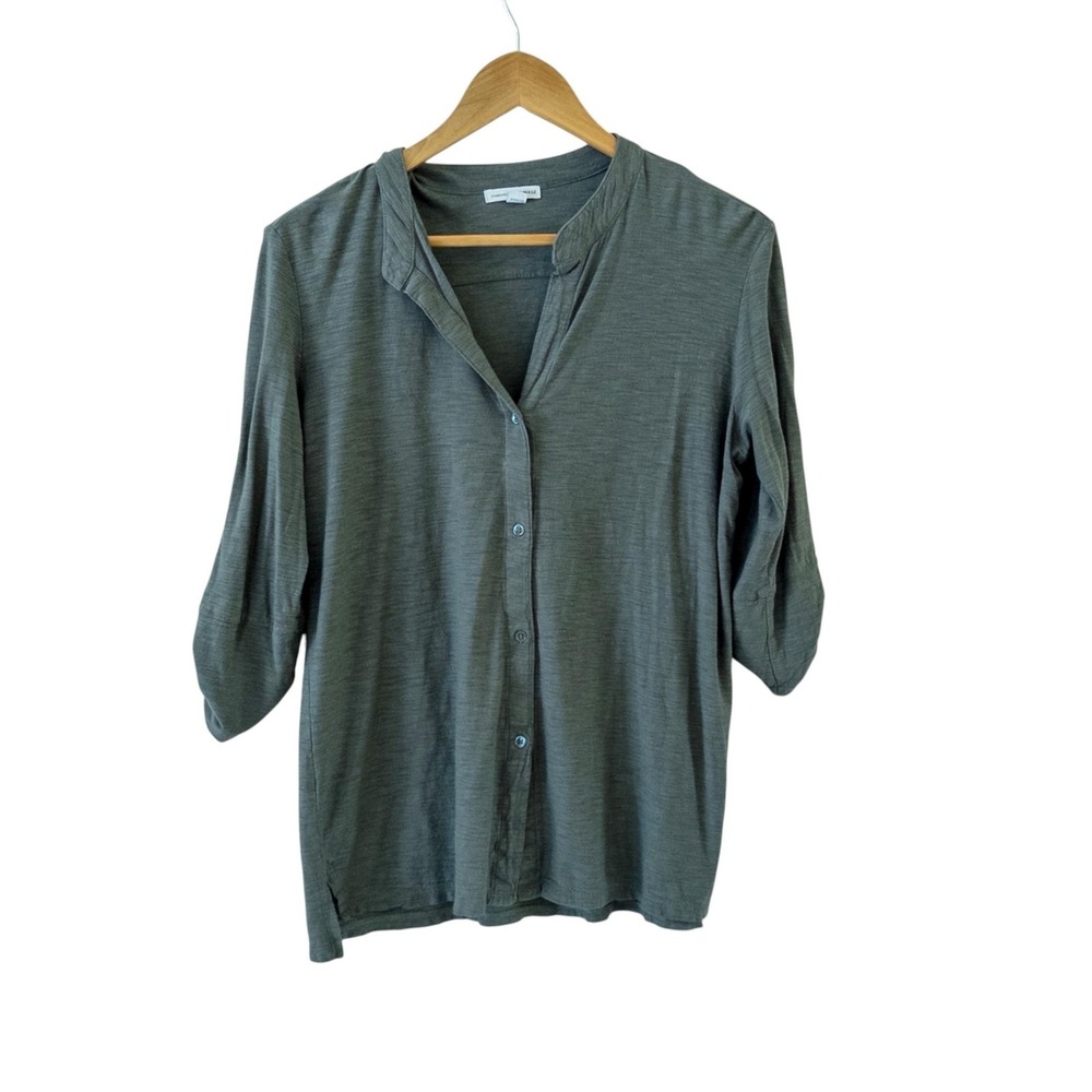 James Perse Front Button Split Neck Top Womens 3/L Green Gray Roll Tab Sleeve